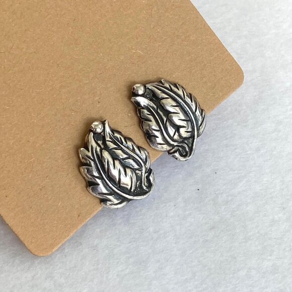 VTG Sterling Silver 925 Leaf Foliage Screwback Earrings - Picture 3 of 16